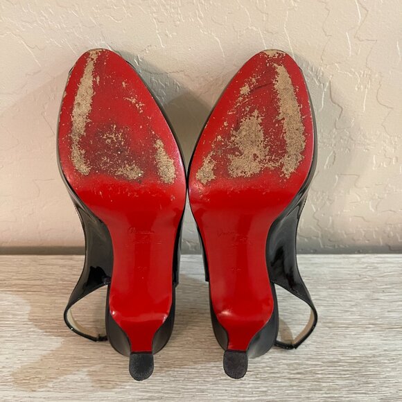 Christian Louboutin 36 6 Black Patent Heels Peeptoe Slingback with Box - Picture 12 of 15